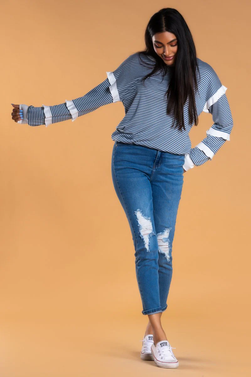 Brigitte Brianna Striped Ruffle Sleeve Sweatshirt - Image 3